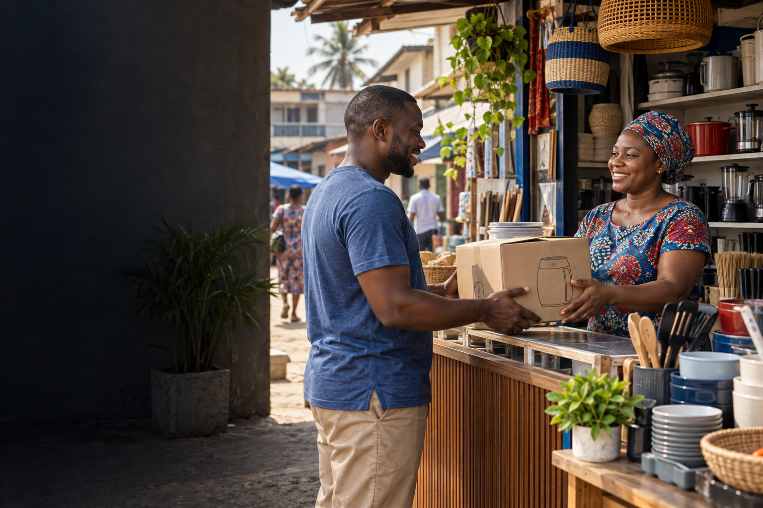 A buyer and seller exchanging household goods