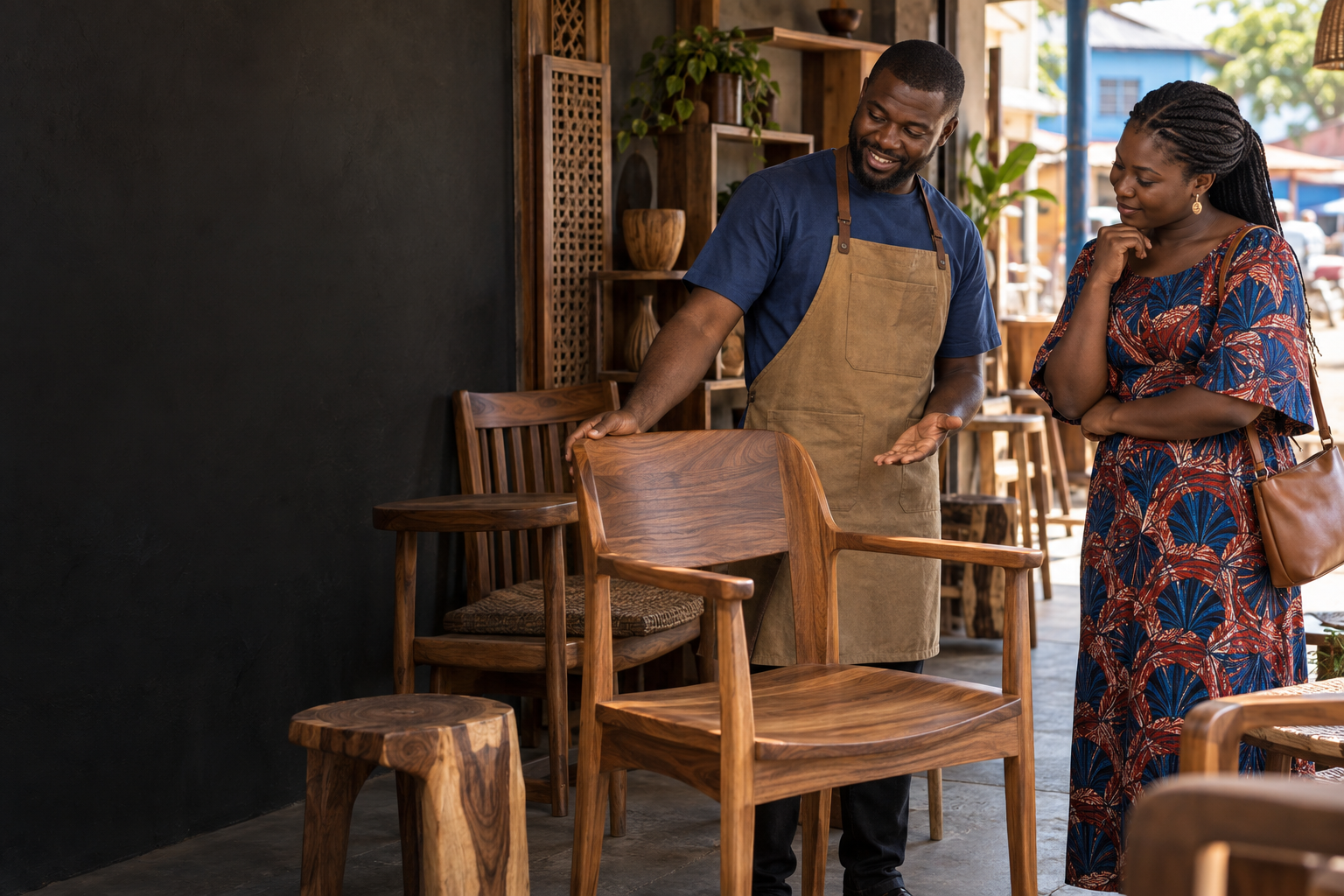 A buyer viewing furniture with a seller